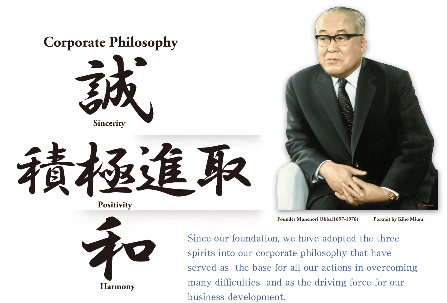 Company Philosophy Sincerity Positivity Harmony Since our foundation, we have adopted the three spirits 
into our company philosophy that have served as 
the foundation for all our actions in overcoming many difficulties 
and as the driving force for our business development.